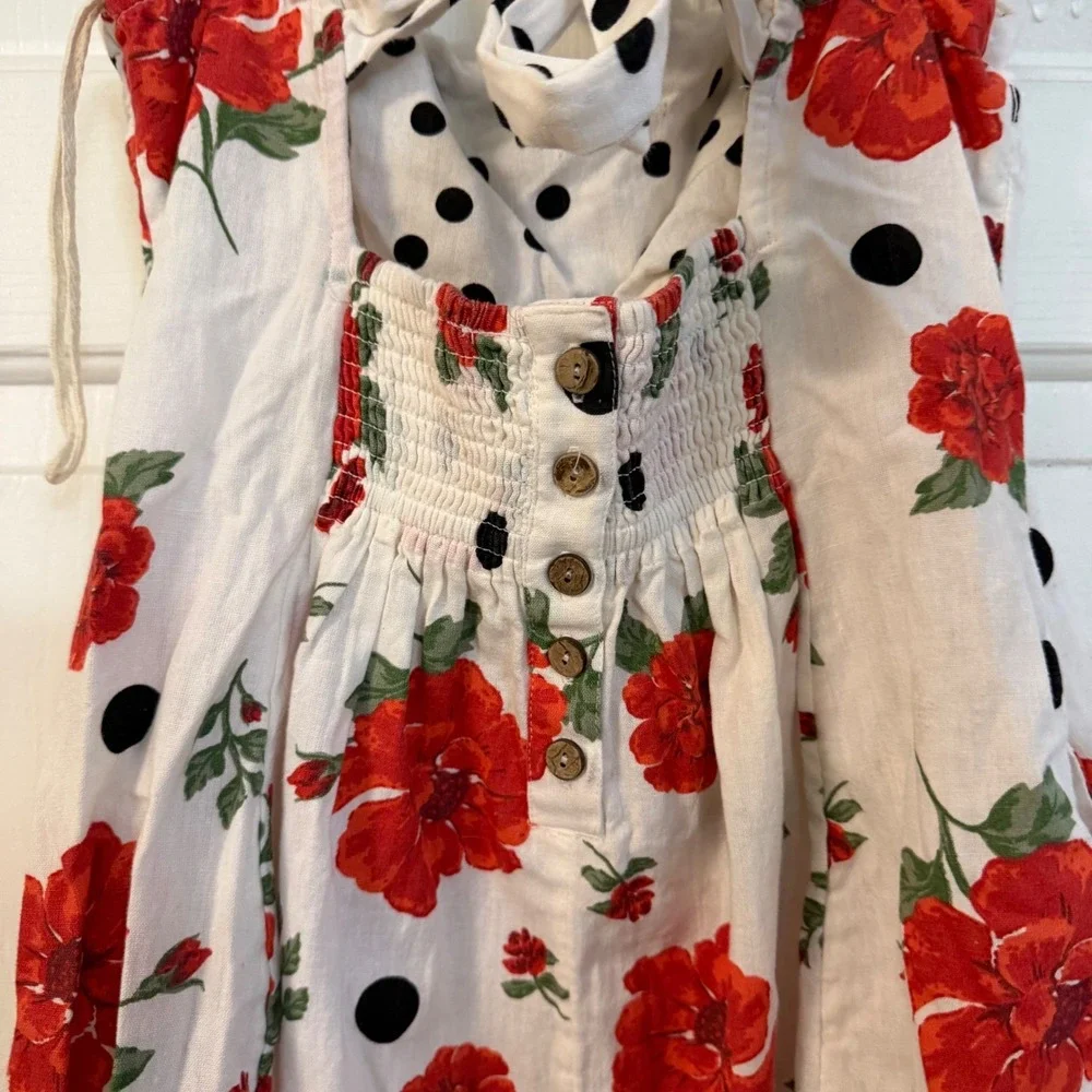 Free People Polka Dot Floral Mini Dress White Red Ruffle Cutout Tie Back Small S
